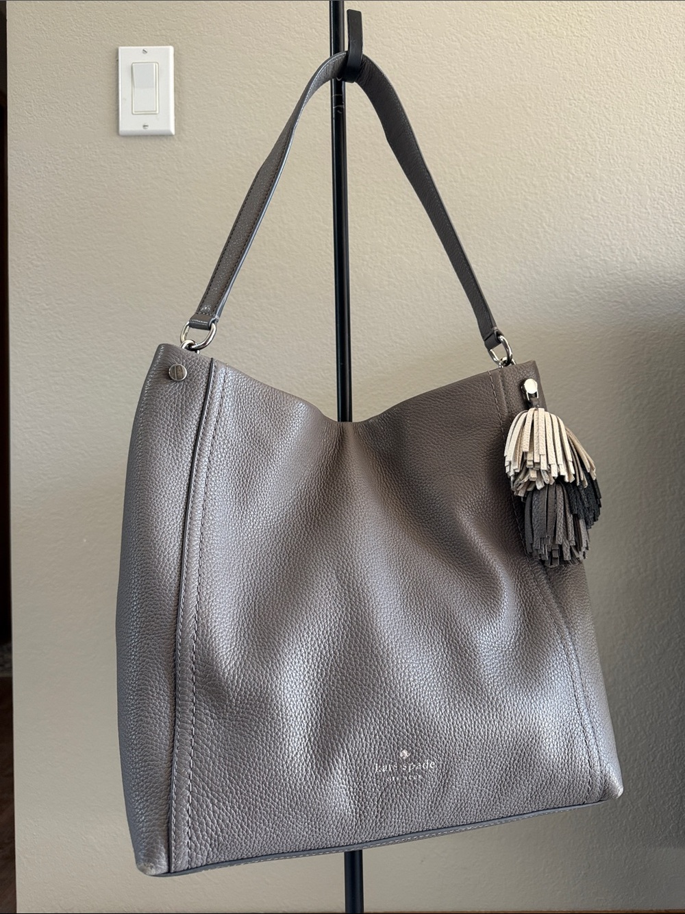 kate spade Gray Pebbled Leather Shoulder Hobo with Tassel